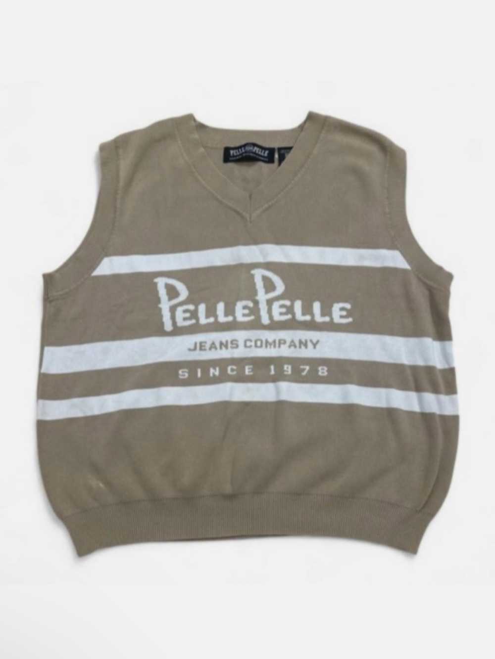 Pelle Pelle Khaki V-Neck Stripe Sweater Vest with White Logo